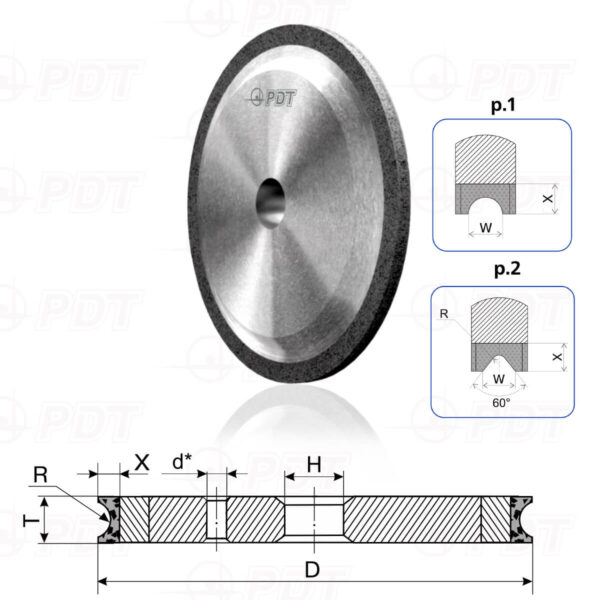 14F6V. Flat diamond grinding wheels with semicircular-concave profile